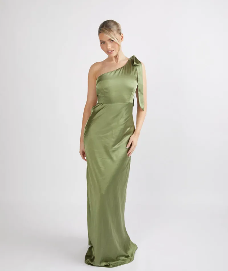 Discount Six Stories Bow One Shoulder Satin Bridesmaid Dress - Moss Green