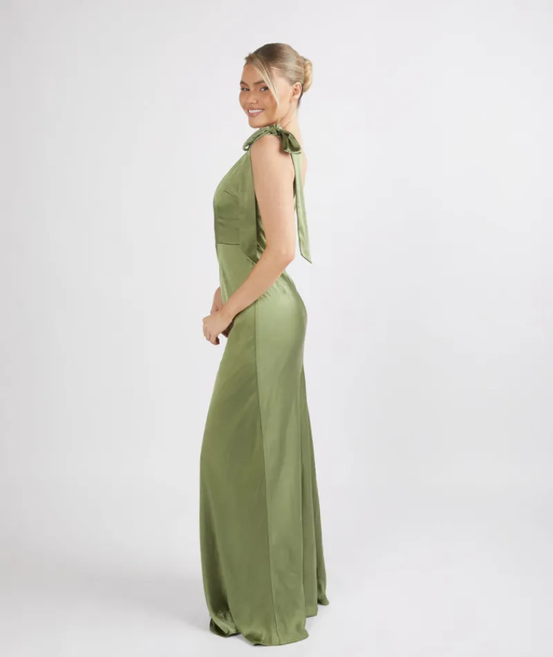 Discount Six Stories Bow One Shoulder Satin Bridesmaid Dress - Moss Green