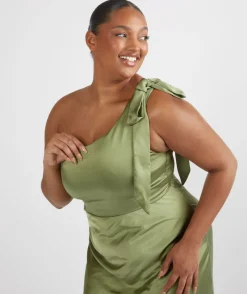 Discount Six Stories Bow One Shoulder Satin Bridesmaid Dress - Moss Green