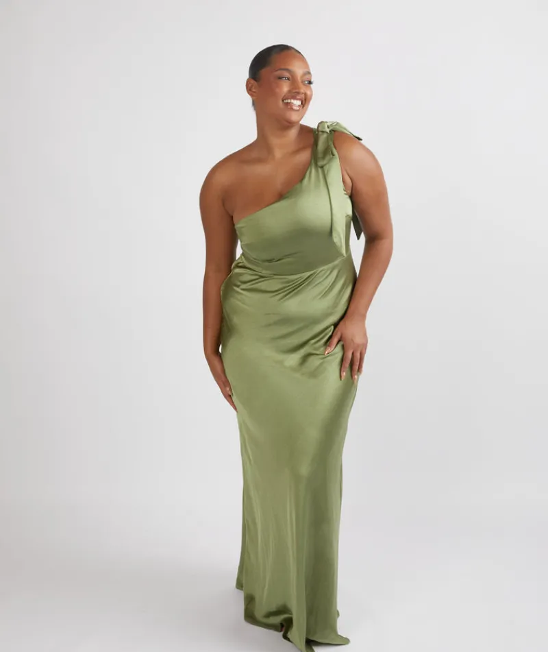 Discount Six Stories Bow One Shoulder Satin Bridesmaid Dress - Moss Green