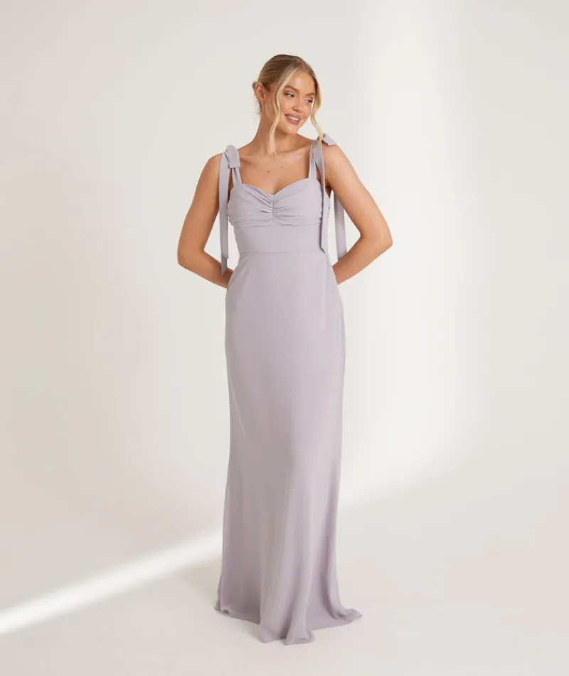 Clearance Six Stories Bow Tie Shoulder Chiffon Bridesmaid Dress - Dusty Lilac