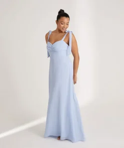 Six Stories Bow Tie Shoulder Chiffon Bridesmaid Dress - Cornflower Blue