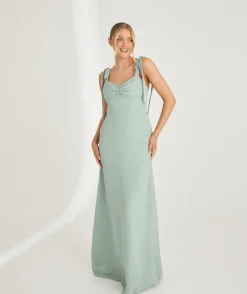 Hot Six Stories Bow Tie Shoulder Chiffon Bridesmaid Dress - Sage