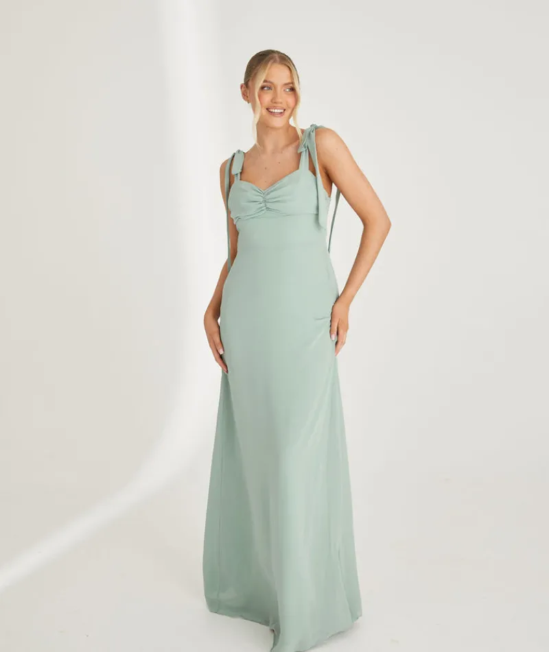 Hot Six Stories Bow Tie Shoulder Chiffon Bridesmaid Dress - Sage