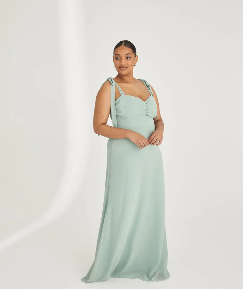 Hot Six Stories Bow Tie Shoulder Chiffon Bridesmaid Dress - Sage