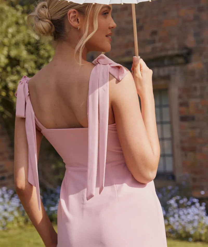 Discount Six Stories Bow Tie Shoulder Chiffon Bridesmaid Dress - Peony Pink