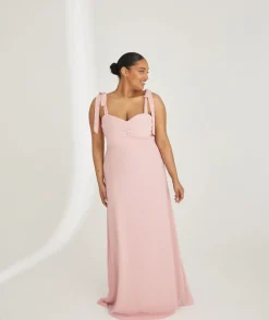 Discount Six Stories Bow Tie Shoulder Chiffon Bridesmaid Dress - Peony Pink