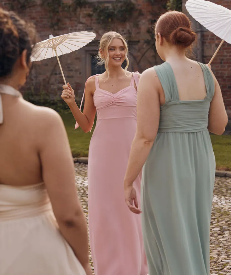 Discount Six Stories Bow Tie Shoulder Chiffon Bridesmaid Dress - Peony Pink