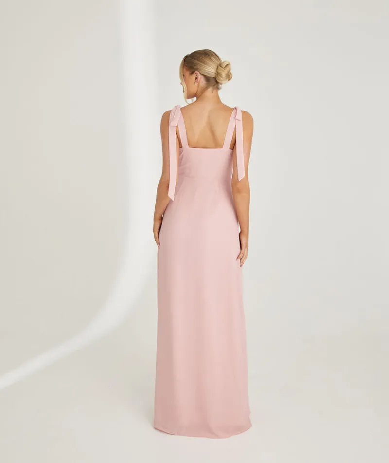 Discount Six Stories Bow Tie Shoulder Chiffon Bridesmaid Dress - Peony Pink