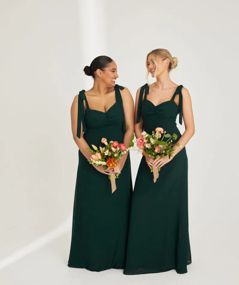 Best Six Stories Bow Tie Shoulder Chiffon Bridesmaid Dress - Emerald
