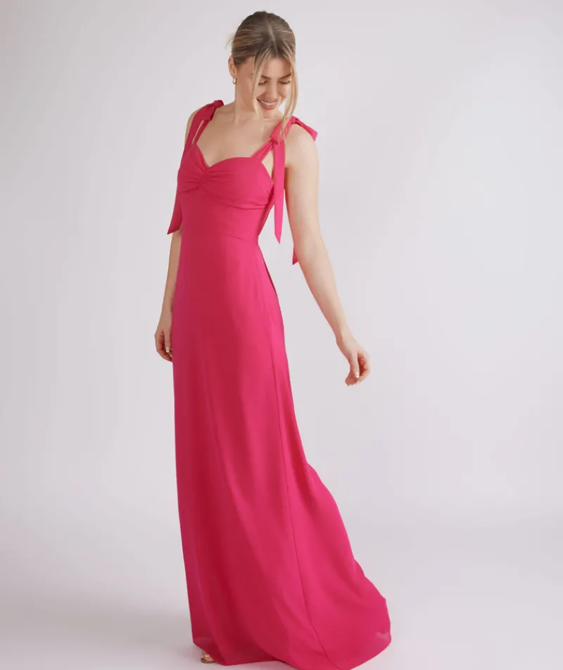 Discount Six Stories Bow Tie Shoulder Chiffon Bridesmaid Dress - Fuchsia Pink