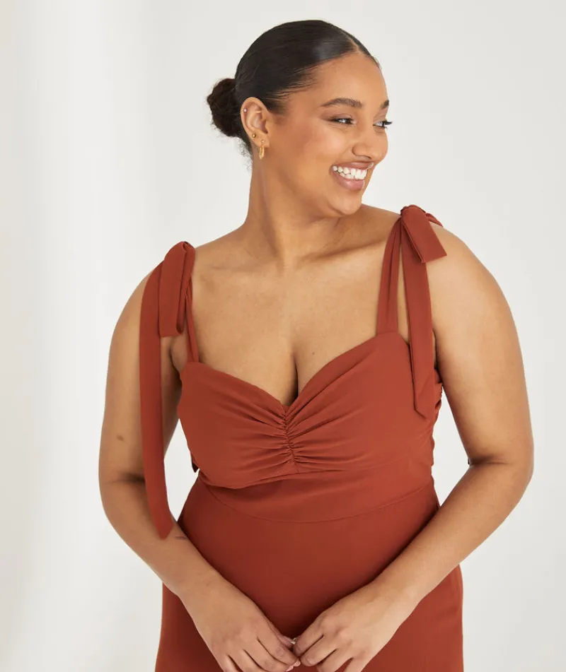 Clearance Six Stories Bow Tie Shoulder Chiffon Bridesmaid Dress - Rust