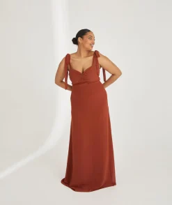 Clearance Six Stories Bow Tie Shoulder Chiffon Bridesmaid Dress - Rust