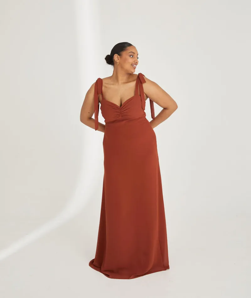 Clearance Six Stories Bow Tie Shoulder Chiffon Bridesmaid Dress - Rust
