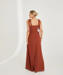 Clearance Six Stories Bow Tie Shoulder Chiffon Bridesmaid Dress - Rust