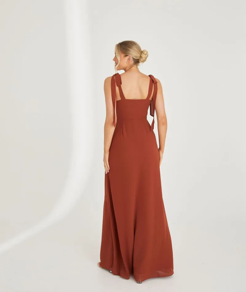 Clearance Six Stories Bow Tie Shoulder Chiffon Bridesmaid Dress - Rust