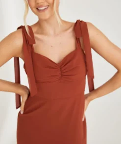 Clearance Six Stories Bow Tie Shoulder Chiffon Bridesmaid Dress - Rust