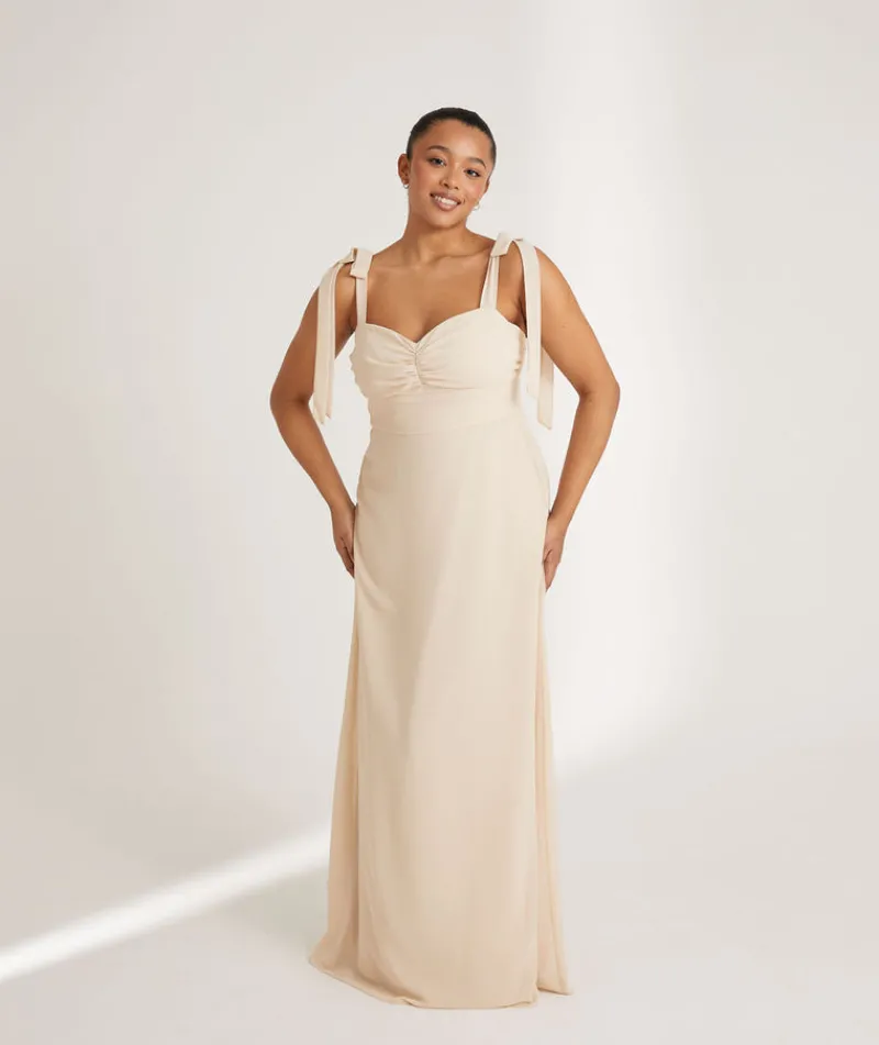 Best Six Stories Bow Tie Shoulder Chiffon Bridesmaid Dress - Butter Cream