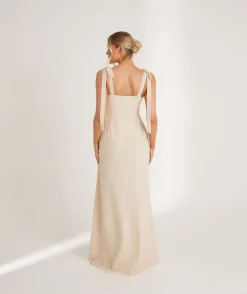 Best Six Stories Bow Tie Shoulder Chiffon Bridesmaid Dress - Butter Cream