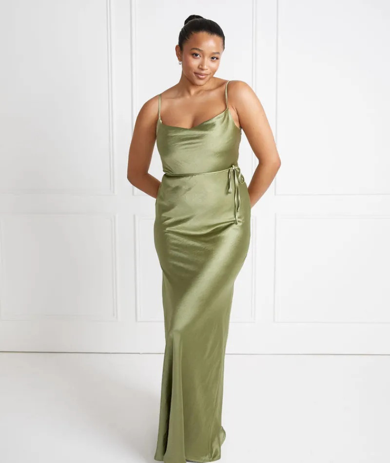 Six Stories Cami Cowl Front Satin Bridesmaid Dress - Moss Green