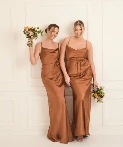 Clearance Six Stories Cami Cowl Front Satin Bridesmaid Dress - Rust