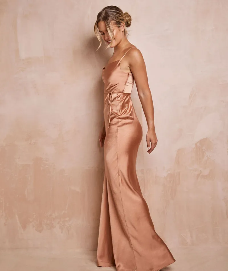 Hot Six Stories Cami Cowl Front Satin Bridesmaid Dress - Burnt Peach