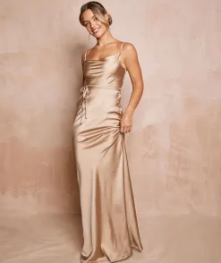 Online Six Stories Cami Cowl Front Satin Bridesmaid Dress - Champagne
