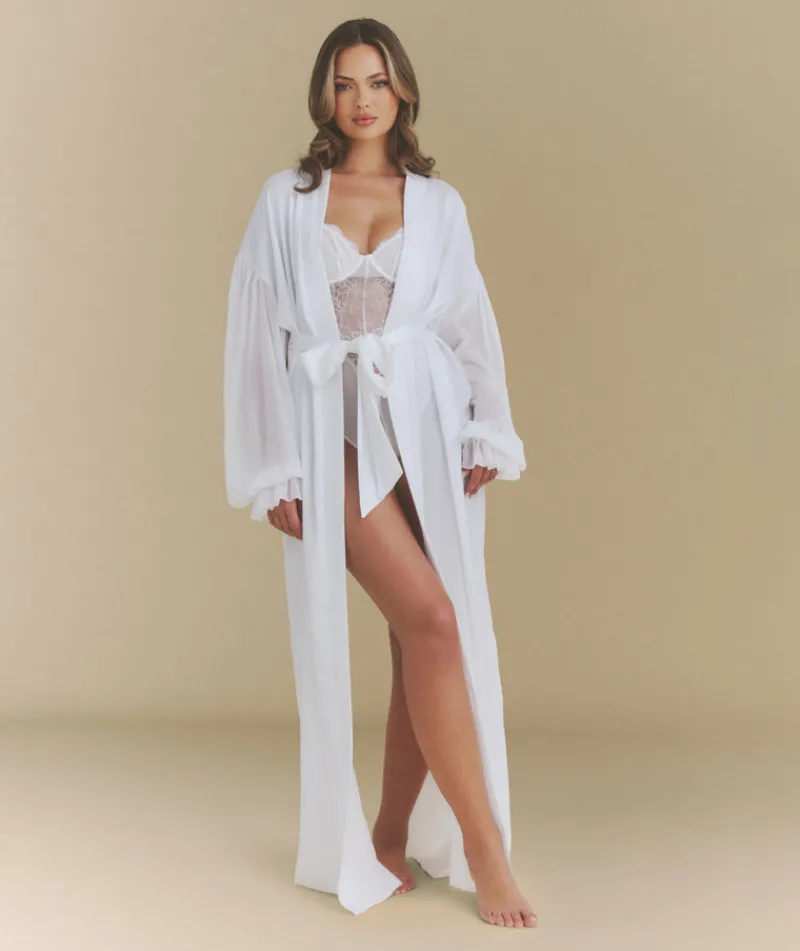 Hot Six Stories Chiffon Sleeve Maxi Satin Robe - White