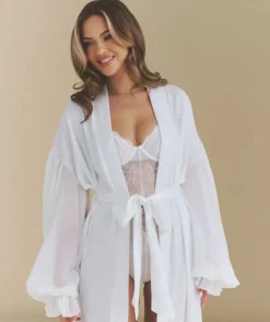 Hot Six Stories Chiffon Sleeve Maxi Satin Robe - White