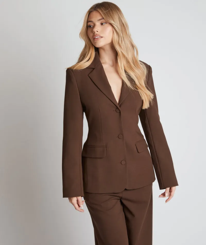 Outlet Six Stories Cinched Waist Blazer - Chocolate Brown