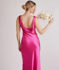 New Six Stories Cowl Back Satin Bridesmaid Dress - Fuchsia Pink