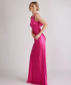 New Six Stories Cowl Back Satin Bridesmaid Dress - Fuchsia Pink