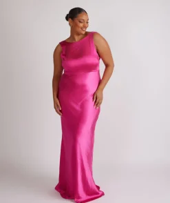 New Six Stories Cowl Back Satin Bridesmaid Dress - Fuchsia Pink