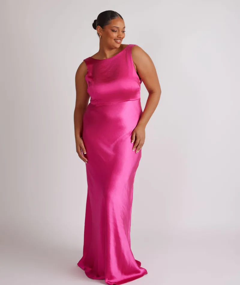 New Six Stories Cowl Back Satin Bridesmaid Dress - Fuchsia Pink
