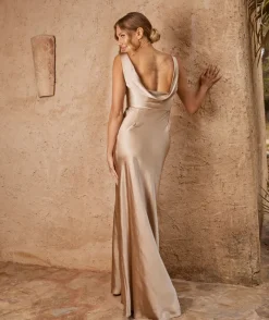 Online Six Stories Cowl Back Satin Bridesmaid Dress - Champagne