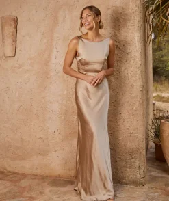 Online Six Stories Cowl Back Satin Bridesmaid Dress - Champagne