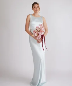 Best Six Stories Cowl Back Satin Bridesmaid Dress - Ice Blue