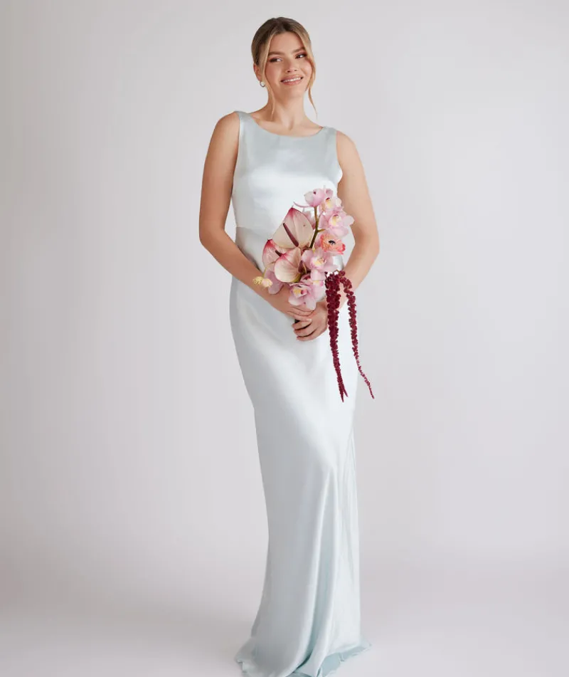 Best Six Stories Cowl Back Satin Bridesmaid Dress - Ice Blue