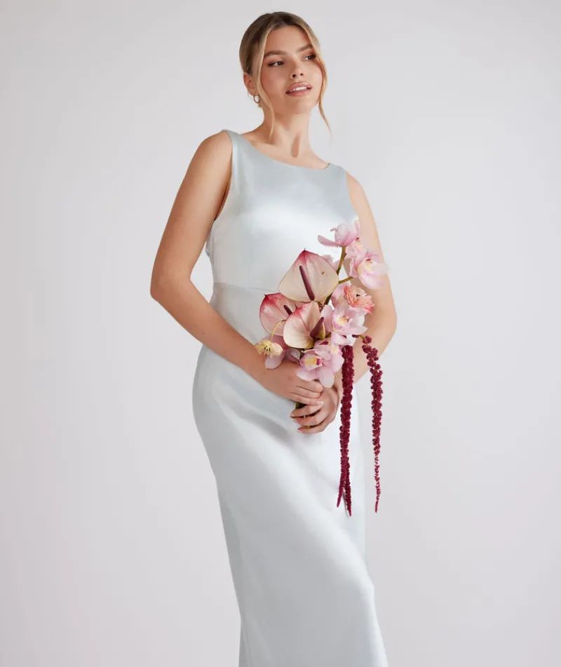 Best Six Stories Cowl Back Satin Bridesmaid Dress - Ice Blue