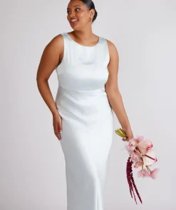 Best Six Stories Cowl Back Satin Bridesmaid Dress - Ice Blue