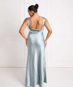 Best Six Stories Cowl Back Satin Bridesmaid Dress - Dusty Blue
