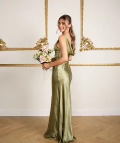 Clearance Six Stories Cowl Back Satin Bridesmaid Dress - Moss Green