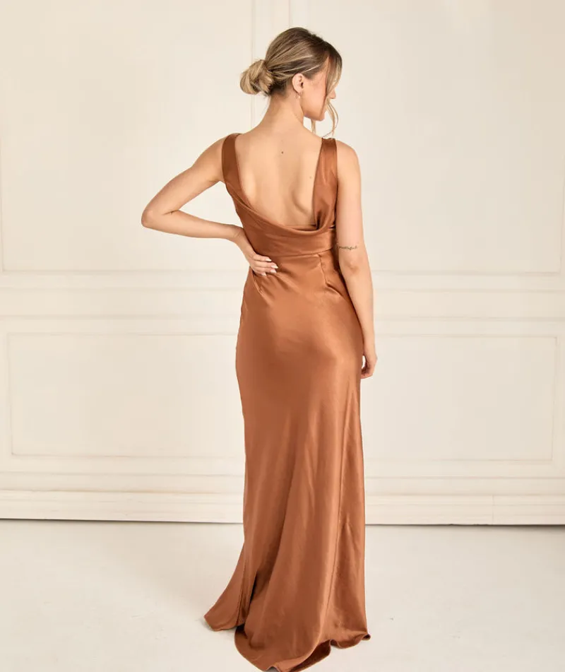 Clearance Six Stories Cowl Back Satin Bridesmaid Dress - Rust