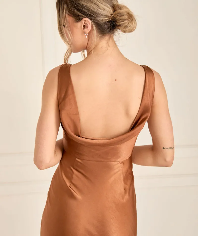 Clearance Six Stories Cowl Back Satin Bridesmaid Dress - Rust