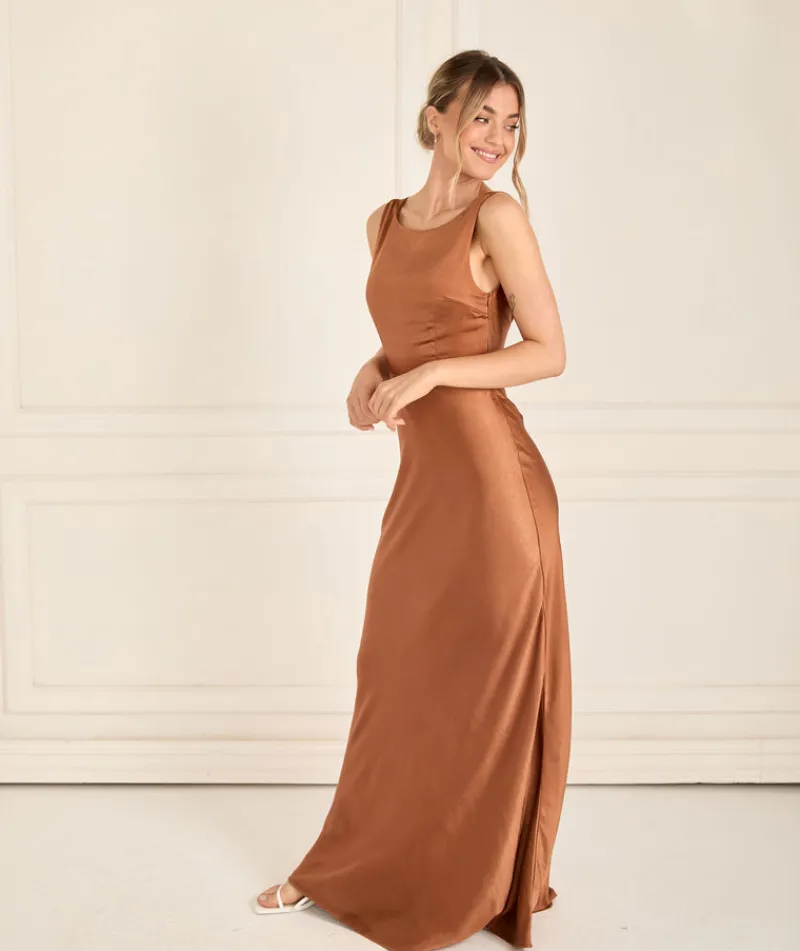 Clearance Six Stories Cowl Back Satin Bridesmaid Dress - Rust