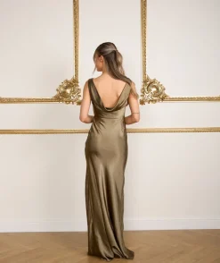Sale Six Stories Cowl Back Satin Bridesmaid Dress - Olive