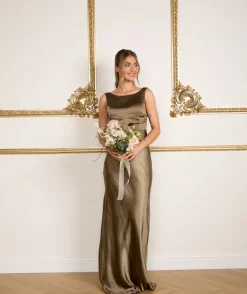 Sale Six Stories Cowl Back Satin Bridesmaid Dress - Olive