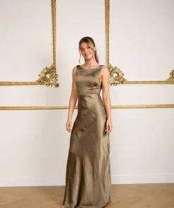 Sale Six Stories Cowl Back Satin Bridesmaid Dress - Olive