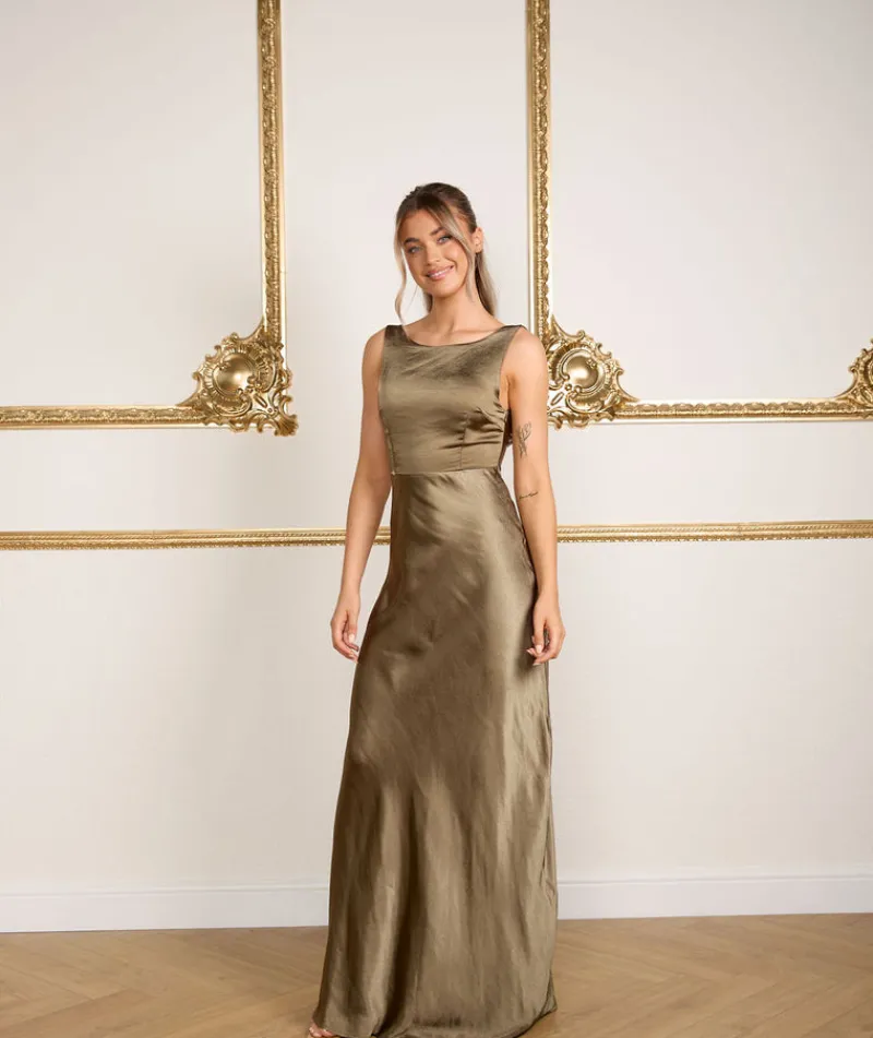 Sale Six Stories Cowl Back Satin Bridesmaid Dress - Olive
