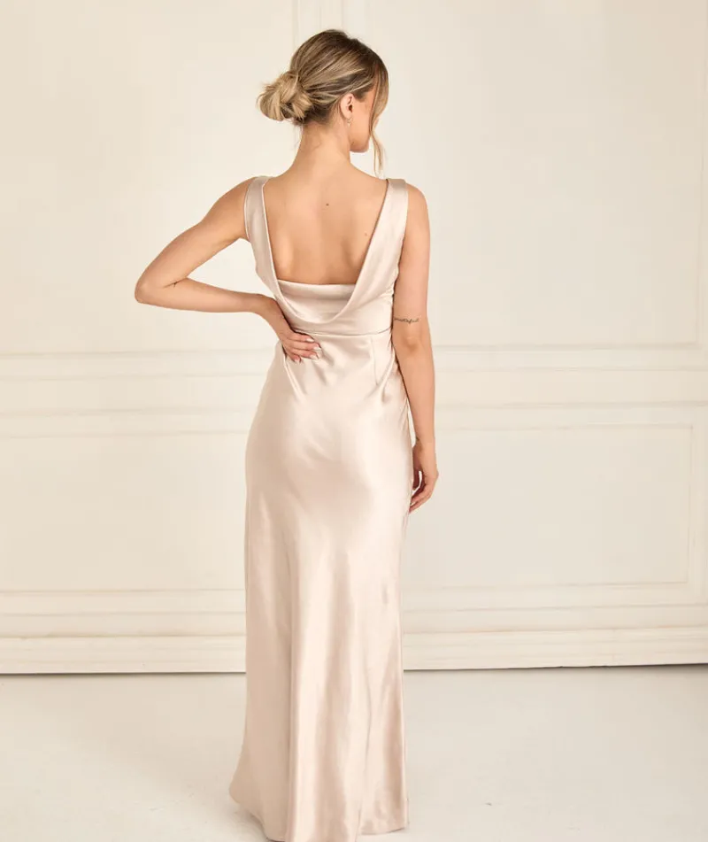 Best Six Stories Cowl Back Satin Bridesmaid Dress - Oyster